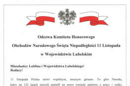 Plakat zawiadamiający o obchodach Narodowego Święta Niepodległości 11 listopada w Województwie Lubelskim. Zawiera herb, flagi oraz odezwę do mieszkańców.