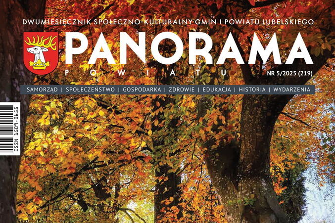 Na okładce czasopisma widnieje jesienny krajobraz z parkiem pełnym drzew o złotych liściach. Ścieżka pokryta opadłymi liśćmi prowadzi w głąb lasu, tworząc malowniczą scenę w ciepłych kolorach.