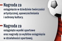 Baner informacyjny o nagrodach w powiecie lubelskim. Z lewej strony wspomniane są nagrody za osiągnięcia artystyczne i sportowe. Po prawej logo powiatu, piłka nożna, nuty i data składania wniosków do 28 lutego 2026 r.