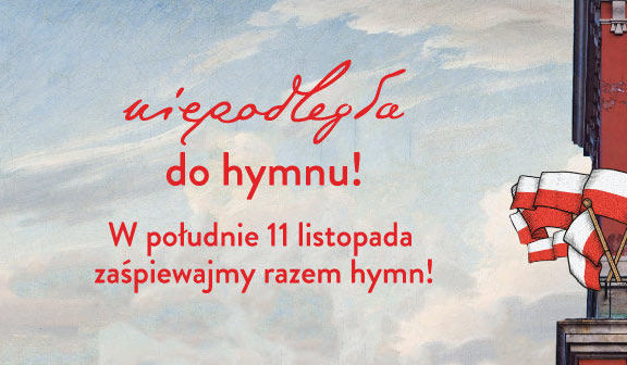 Baner wydarzenia z napisem niepodległa do hymnu! W południ 11 listopada zaśpiewajmy razem hymn