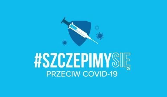 Kona strzykawki, niebieskie tło, napis #szczepimy się przeciw covid-19