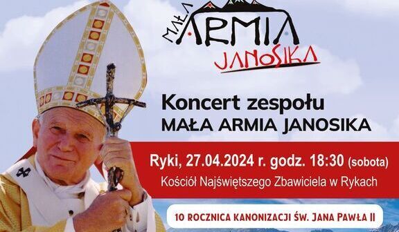 Plakat promujący wydarzenie "Armia Janosika" z grafiką przedstawiającą Jana Pawła II w stroju biskupim oraz kolorową ilustracją ludowych muzyków w tradycyjnych strojach. Informacje o koncercie i jego sponsorach.