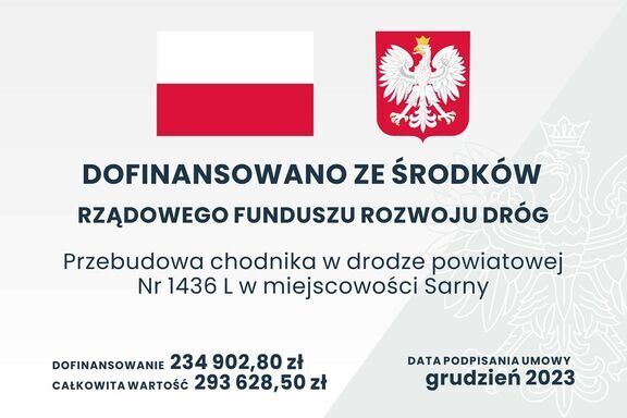 Obraz przedstawia informacyjną grafikę z polskimi symbolami narodowymi: flagą i godłem. Tekst wskazuje na dofinansowanie przebudowy chodnika z rządowych środków.