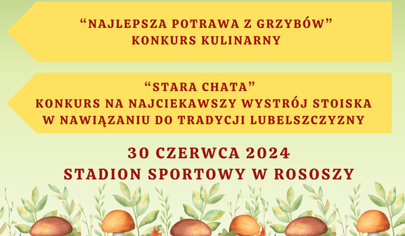 Plakat wydarzenia "Smakuj w Rososzy" z grafikami grzybów na dole i czerwonym tłem na górze, informacje o konkursach kulinarnych, wystawach i lokalnej tradycji.