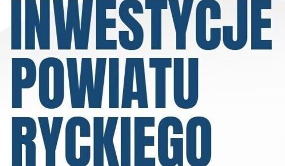 Tekst "Inwestycje Powiatu Ryckiego" w kolorze niebieskim na białym tle.