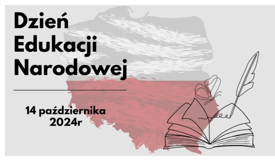 Grafika z okazji Dnia Edukacji Narodowej z otwartą książką, piórem i abstrakcyjnymi pociągnięciami w barwach szaro-czerwonych, data "14 października 2024r."