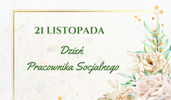 Elegancka kartka z życzeniami z okazji Dnia Pracownika Socjalnego, z kwiatowym motywem i złotymi akcentami na teksturze przypominającej papier akwarelowy.