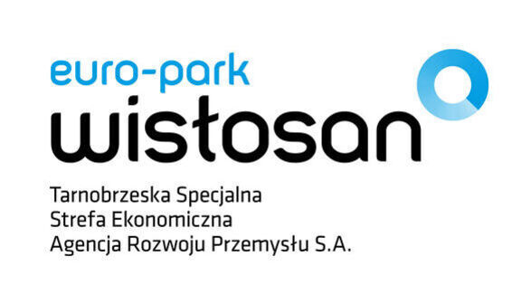 Logo z napisem "euro-park wisłosan". Pod spodem tekst: "Tarnobrzeska Specjalna Strefa Ekonomiczna Agencja Rozwoju Przemysłu S.A.". Styl nowoczesny z niebieskim akcentem graficznym po prawej.
