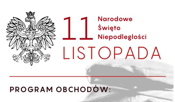 Plakat informujący o obchodach 11 listopada w Rykach. Zawiera program, w tym recital, msza, złożenie kwiatów i występy artystyczne. W prawym dolnym rogu herb oraz logo Ułańskiej Straży Tradycji i Wiary.