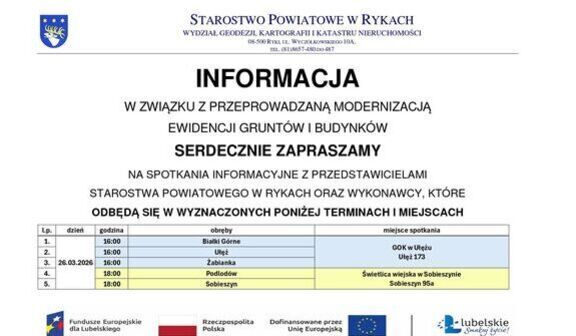 Starostwo Powiatowe w Rykach informuje o spotkaniach związanych z modernizacją ewidencji gruntów i budynków. Spotkania odbędą się w Ujściu, Bobrownikach i Sierskowoli w różnych terminach.