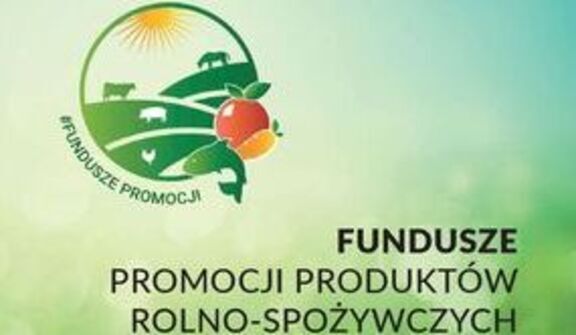 Grafika przedstawia logo Funduszu Promocji Produktów Rolno-Spożywczych. Widoczna jest sylwetka zwierząt na tle pola i słońca, a także owoc, z napisem: "Fundusze promocji produktów rolno-spożywczych".