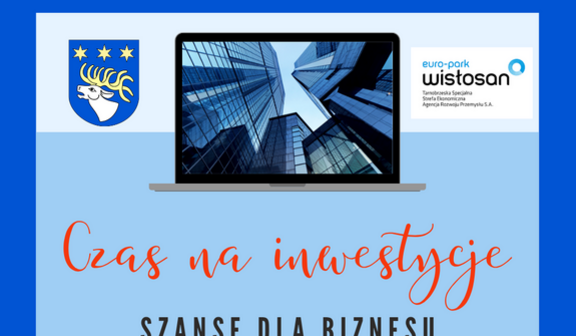 Plakat promujący wydarzenie biznesowe w powiecie ryckim. Tło z wieżowcami, herbem i logotypem Euro-Park Wistosan. Tekst: "Czas na inwestycje. Szanse dla biznesu w powiecie ryckim. Sala Bankietowa Wiselka Stężyca. 16.04.2026, godzina 15:00".
