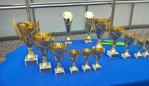 Na niebieskim stole ustawiono różnej wielkości złote puchary i trofea. Tło stanowi szara ściana i brukowany chodnik. Trofea mają błyszczące powierzchnie, odbijające otoczenie.