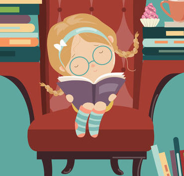 Ilustracja dziecko czyta książkę na krzesle