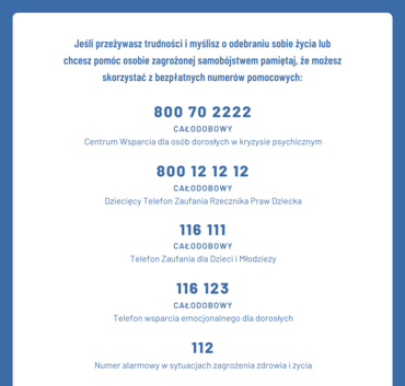 Opis alternatywny: Plakat informacyjny Ministerstwa Zdrowia w Polsce, zawierający numery telefonów wsparcia psychologicznego oraz link do strony internetowej. Tło jest w kolorze granatowym z białym i niebieskim tekstem.