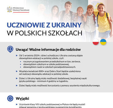 Opis alternatywny: Plakat informacyjny z tytułem "Uczniowie z Ukrainy w polskich szkołach" z zdjęciami uśmiechniętych dzieci w tle. Zawiera tekst z wytycznymi i flagami Polski oraz Ukrainy.