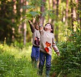 Dwójka dzieci w lesie, w swetrach z motywem lisów, sięga po liście paproci. Otaczają ich zielone krzewy i drzewa w jasnym, naturalnym świetle.