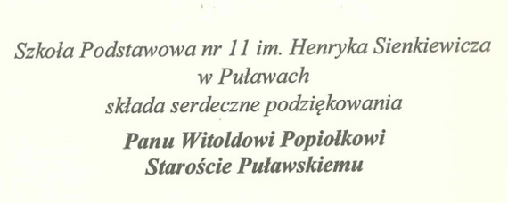 Podziękowanie dla Starosty Puławskiego od Szkoły Podstawowej nr 11 im. H. Sienkiewicza w Puławach