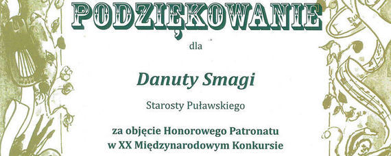 Podziękowanie dla Starosty Danuty Smagi za objęcie honorowym patronatem konkursu "Moje inspiracje muzyczne"