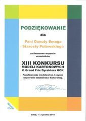 Podziękowanie za wsparcie XIII Konkursu modeli kartonowych o Grand Prix Dyrektora GOK w Gołębiu