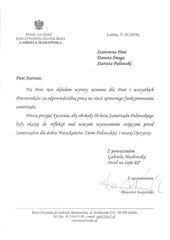 Jubileusz 20-lecia Samorządu Powiatu Puławskiego - list gratulacyjny od Posłanki Gabrieli Masłowskiej