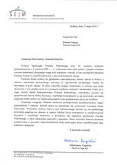 Jubileusz 20-lecia Samorządu Powiatu Puławskiego - list gratulacyjny od Posła Włodzimierza Karpińskiego