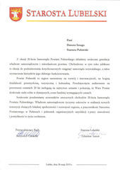 Jubileusz 20-lecia Samorządu Powiatu Puławskiego - list gratulacyjny od Starosty Lubelskiego