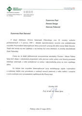 Jubileusz 20-lecia Samorządu Powiatu Puławskiego - list gratulacyjny od Dyrektora Instytutu Nowych Syntez Chemicznych w Puławach