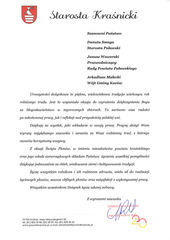 Dożynki Powiatu Puławskiego - Kurów 2019 - list gratulacyjny od Starosty Kraśnickiego Andrzeja Rolli