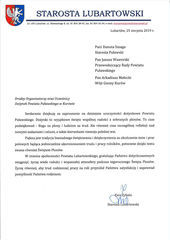 Dożynki Powiatu Puławskiego - Kurów 2019 - list gratulacyjny od Starosty Lubartowskiego Ewy Zybały