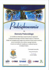 Podziękowanie dla Starosty Puławskiego za wsparcie organizacji Międzynarodowego Festiwalu Orkiestr Dętych w Puławach