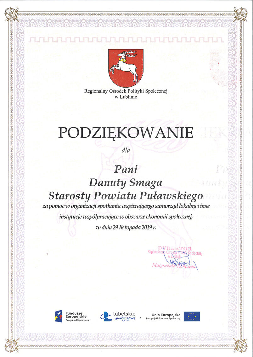 Podziękowanie dla starosty Danuty Smagi za pomoc w organizacji spotkania dot. ekonomii społecznej