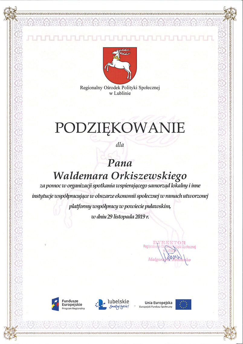 Podziękowanie dla sekretarza powiatu Waldemara Orkiszewskiego zapomoc w organizacji spotkania dot. ekonomii społecznej