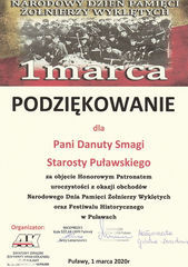 Podziękowanie za objęcie Honorowym Patronatem Starosty Puławskiego uroczystości z okazji Narodowego Dnia Pamięci Żołnierzy Wyklętych