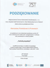 Podziękowanie dla Starostwa Powiatowego w Puławach za współpracę w ramach projektu "Technik przyszłości"