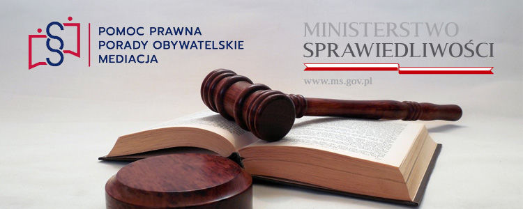 Grafika przedstawiająca młotek sędziowski ułożony na otwartej księdze. Powyżej logotypy Ministerstwa Sprawiedliwości i Nieodpłatnej Pomocy Prawnej.