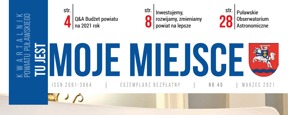 To zdjęcie przedstawia okładkę gazety lub magazynu z dużym, białym tekstem "MOJE MIEJSCE" na czerwonym tle. W górnej części widoczne są informacje o zawartości z numerami stron, nazwą i herbem miejscowości pn. "Pułaskie Obserwatorium Astronomiczne".