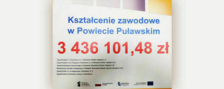 Plakat informacyjny o kształceniu zawodowym w Powiecie Puławskim z kwotą 3 436 101,48 zł, zawierającym dane o dofinansowaniu ze źródeł europejskich.