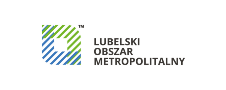 Logo Lubelskiego Obszaru Metropolitalnego z kolorowymi pasami tworzącymi okrąg wokół napisu.