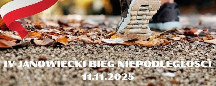 Nogi biegacza, biało-czerwona wstęga, napis IV Janowiecki Bieg Niepodległości