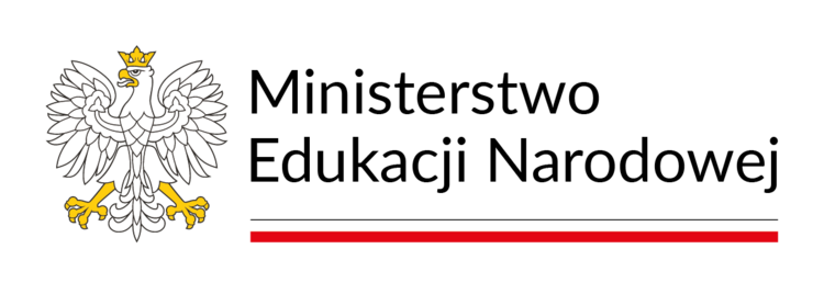 Logo Ministerstwa Edukacji Narodowej, orzeł w koronie, biało czerwona wstęga, napis