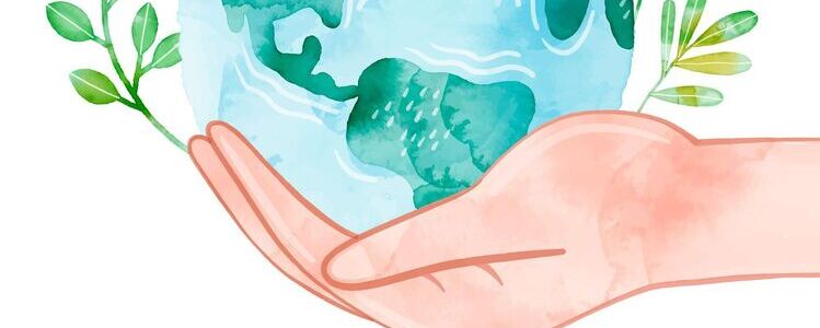 Ilustracja przedstawia rękę trzymającą kulę ziemską otoczoną zielonymi liśćmi. Jest to symboliczne ujęcie promujące Dzień Środowiska, podkreślające znaczenie ochrony planety.