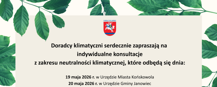 Plakat zapraszający na konsultacje dotyczące neutralności klimatycznej. Zawiera daty spotkań: 19, 20, 22 maja 2026, godz. 12:00. Na górze herb i zielone liście w tle, na dole logotypy instytucji.