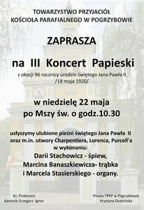 Zaproszenie na Koncert Papieski do Pogrzybowa