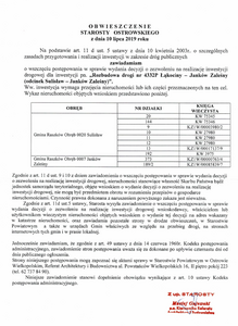 Obwieszczenie Starosty Ostrowskiego - dot. rozbudowy drogi Łąkociny - Janków Zaleśny