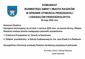 Komunikat w sprawie otwarcia przedszkoli i oddziałów przedszkolnych