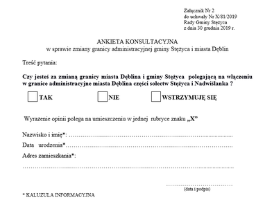 Ankieta konsultacyjna w sprawie zmiany granicy administracyjnej gminy Stężyca i miasta Dęblin 
