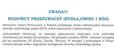 Choroba Niebieskiego Języka (BTV) - Informacja Powiatowego Inspektoratu Weterynarii w Rykach dla hodowców przeżuwaczy z terenu powiatu ryckiego