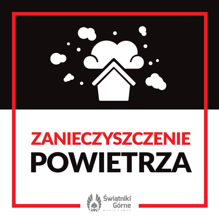 na górze obrazu biały dom i białe chmury na czarnym tle, na dole napis zanieczyszczenie powietrza na białym tle. Wszystko znajduje się w czerwonej ramce.