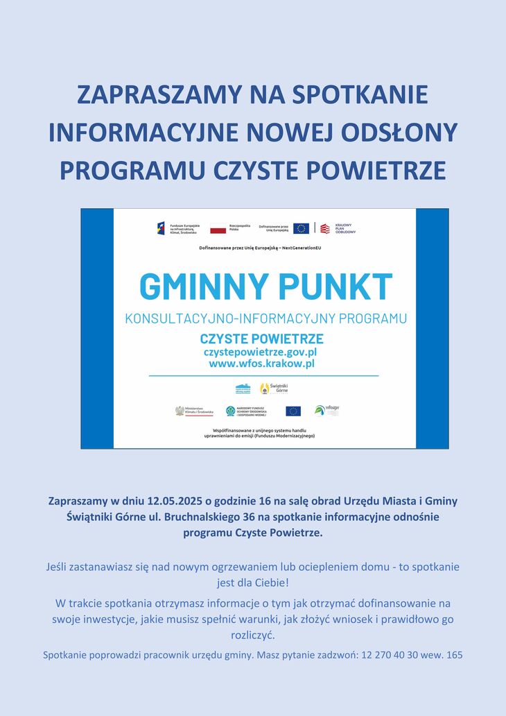 Plakat zapraszający na spotkanie w dniu 12.05.2025. Z tablicą informacyjną PIK